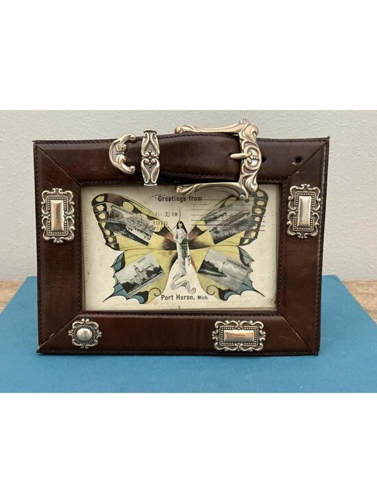 Other - Vintage Leather Buckle Picture Frame 1910 Butterfly Girl Postcard